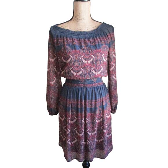 Abercrombie & Fitch Boho Teal Rust Damask Smocked Peasant Midi Dress XS - Picture 1 of 17